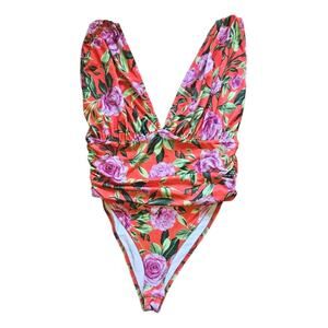Zara Floral Bodysuit Ruched Waist Sexy Plunge Neckline Orange Women's Large